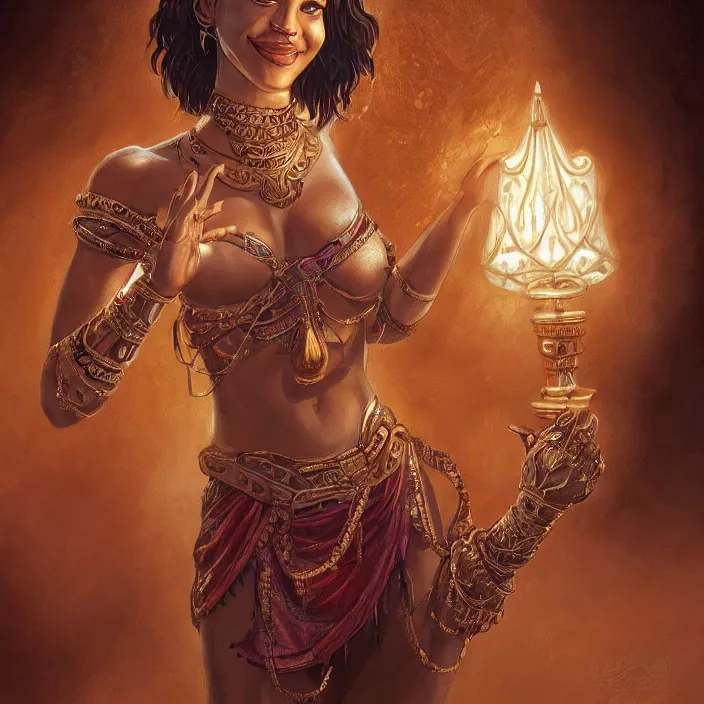 Image similar to a short haired genie, female, young, brown hair, brown skin, abs, emerging from her lamp, confident and smiling, insanely detailed and intricate, hypermaximalist, elegant, ornate, hyper realistic, super detailed, Art Deco, cinematic, trending on artstation, magic the gathering artwork, centered