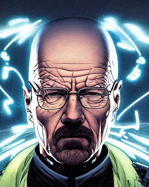 Image similar to portrait of walter white as a robot, cybernetic enhancements, art by makoto shinkai and alan bean, yukito kishiro