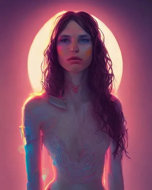 Image similar to portrait of a brunette hippie, but set in the future 2 1 5 0 | highly detailed | very intricate | symmetrical | professional model | cinematic lighting | award - winning | painted by mandy jurgens | pan futurism, dystopian, bold colors, cyberpunk, anime aesthestic | featured on artstation