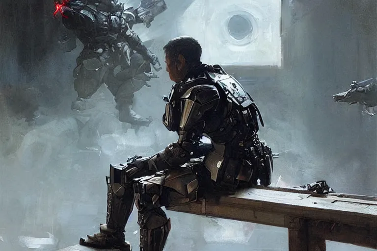 Image similar to an intense battle rages behind an android soldier sitting on a bench, laser blasts, dramatic, he is sad, hunched shoulders, detailed concept art by caravaggio and greg rutkowski and norman rockwell and ruan jia