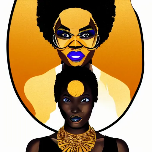 Prompt: black woman, afrofuturist, cell shaded, comic book style art, gold jewelry, simple face paint, retro, simple, 3/4 shot