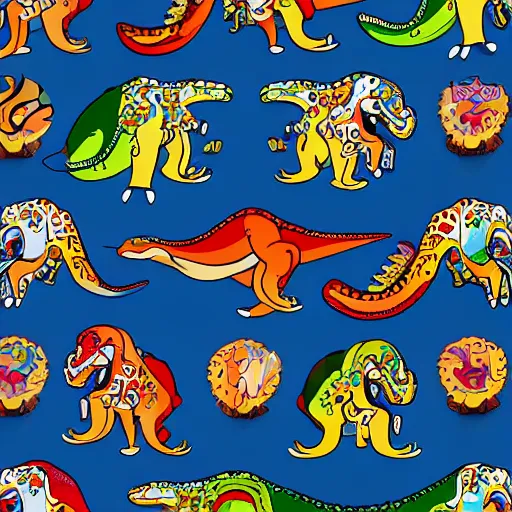 Prompt: a colourful dinosaur pattern with tyrannosaurus rex, spinosaurus, mosasaurus and velociraptor in the style of takashi murakami, anime, fine detail, digital art, high resolution