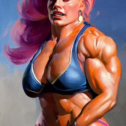 Image similar to greg manchess portrait of margot robbie as thick female bodybuilder zarya from overwatch in disco elysium, 9 6 9, epic grimdark, fantasy, medium shot, asymmetrical, profile picture, organic painting, sunny day, matte painting, bold shapes, hard edges, street art, trending on artstation, by huang guangjian and gil elvgren and sachin teng