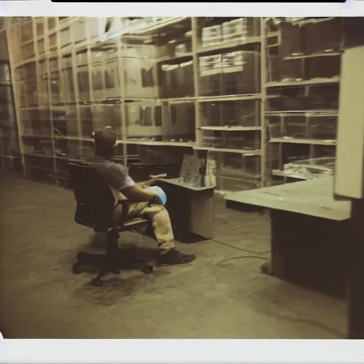 Image similar to a polaroid photo of man using a laptop inside in warehouse, he sitting on chair and small table, photo from behind