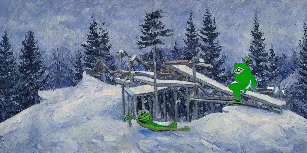 Image similar to sad pepe the frog snowboarding in terrain park, frustration, pain, anger, ramps, half - pipe, gloomy landscape, expressive oil painting by christopher radlund and camille pissaro