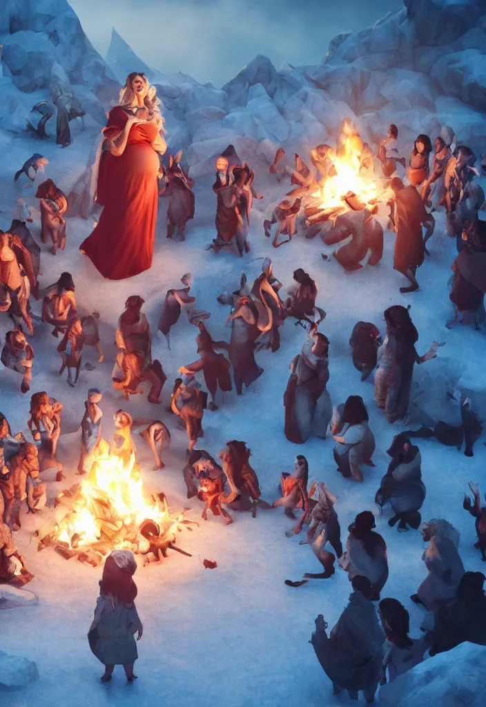 Image similar to epic leader pregnant woman talking to all her tribe around a bonfire, proud people looking at the pregnant woman, ice cave, facinating, fantasy digital art, octane render, beautiful composition, trending on artstation, coherent, masterpiece, photorealistic