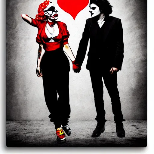 Prompt: mimmo rottela and banksy as joaquin phoenix skinny joker holding hand lady gaga harley queen, ultra photorealistic, extreme realistic, intricate details, pop art style, concept art, confident, love, random object movement, 3 colours, warm color, 4 k, ultra smooth, sharp focus