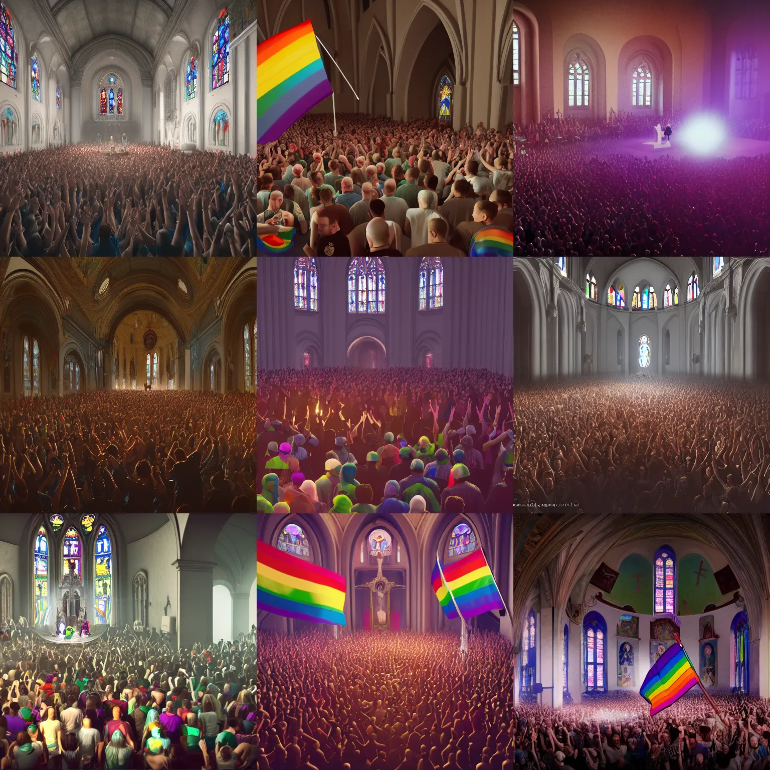 Prompt: LGBTQ group taking over the church to rave, Pope surrenders, photography, highly detailed, HD, sharp focus, smooth, octane render, 4k, artstation, dynamic lighting