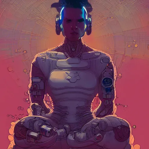 Prompt: comic book illustration, cyberpunk concept art, a portrait of a cybernetic monk meditating in lotus pose, art by josan gonzales and wlop, highly detailed, intricate, sci-fi, sharp focus, Trending on Artstation HQ, deviantart