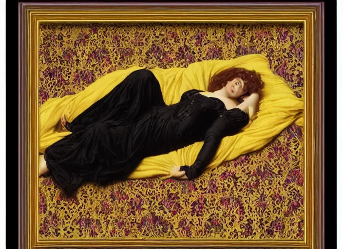 Image similar to portrait of raven reclining on bed wearing yellow ochre ornate medieval dress, foreshortening, framed, preraphaelite colour photography by frederic leighton, william morris, 8 k