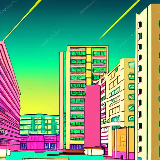 Prompt: city drawn in vaporwave art style