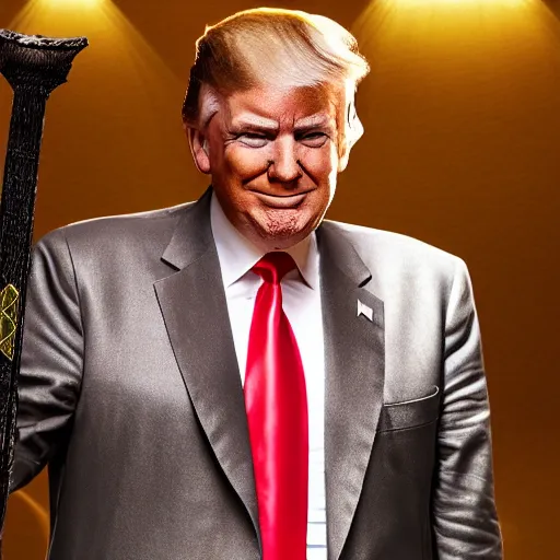 Image similar to donald trump wearing knights armor, donald trump holding one broadsword, by hans holdein, donald trumps highly detailed handsome face, two arms, two legs