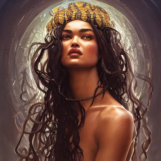 Image similar to Shanina Shaik as Medusa, frowning, scowl, snakes for hair, intricate, elegant, highly detailed, digital painting, artstation, concept art, smooth, sharp focus, illustration, art by artgerm and greg rutkowski and alphonse mucha