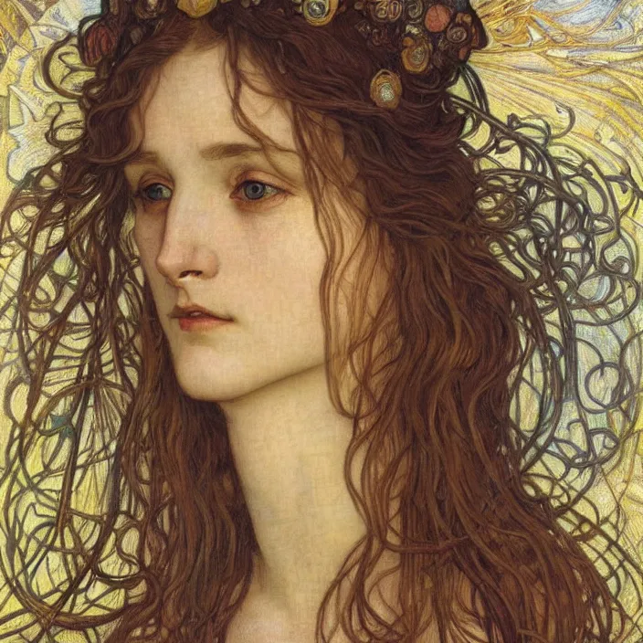 Image similar to detailed realistic beautiful young medieval queen face portrait by jean delville, alphonse mucha, vincent van gogh, and marco mazzoni, art nouveau, symbolist, visionary, gothic, pre - raphaelite