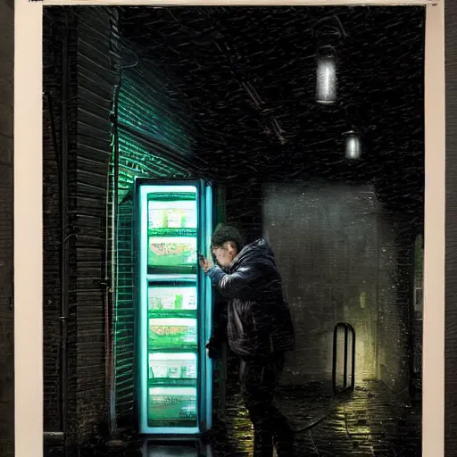 Prompt: a drenched man in a dark rainy alleyway standing in front of a vending machine that opened a portal into another dimension, vivid caustics, realistic photography, beautiful interior, hyperrealism, incredible, award - winning photography, by greg rutkowski, lovecraftian
