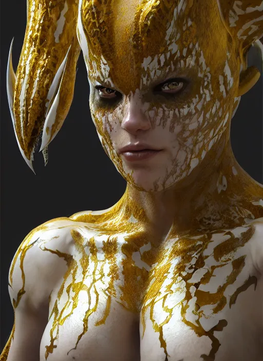 Image similar to female white and gold venom, naturel, hyper detailed, digital art, trending in artstation, cinematic lighting, studio quality, smooth render, unreal engine 5 rendered, octane rendered, art style by klimt and nixeu and ian sprigger and wlop and krenz cushart