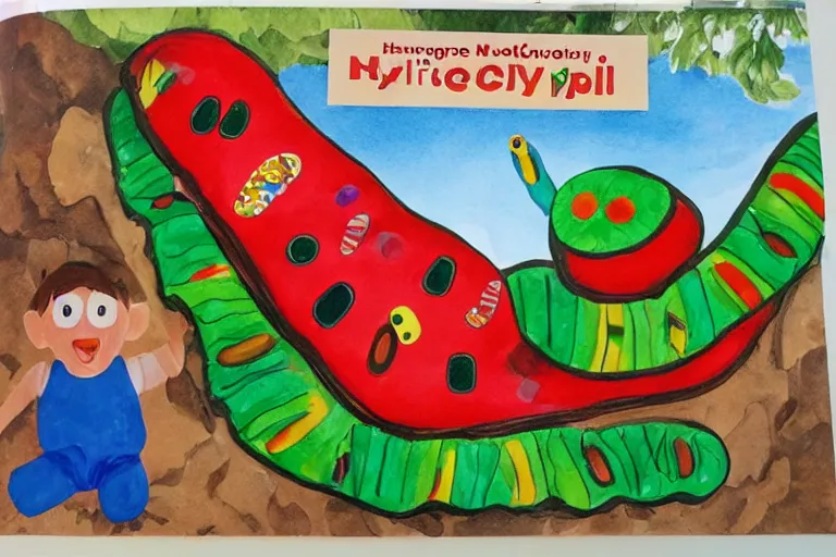 Image similar to A Very Hungry Caterpillar Hydraulic Excavator Eric Carle children's book illustration