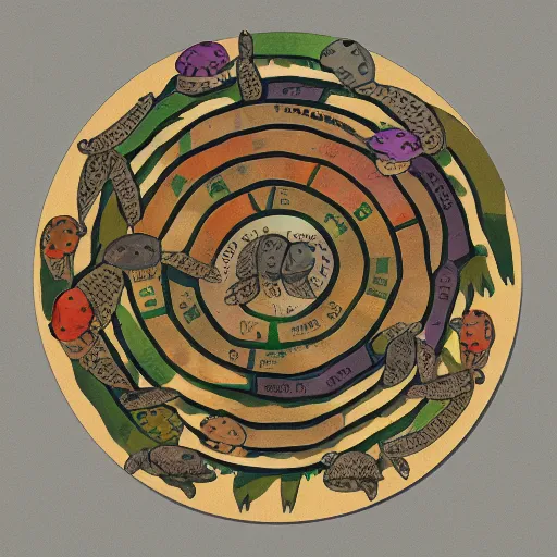 Image similar to a stack of turtles beneath a round disc map, ( ( ( ( pile of turtles ) ) ) )