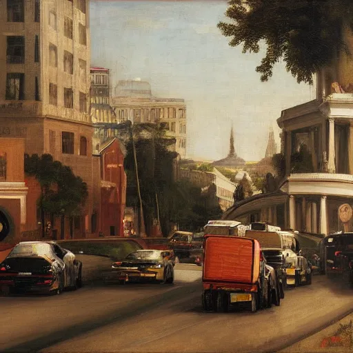 Prompt: gridlock traffic, bumper to bumper, painting by raphael