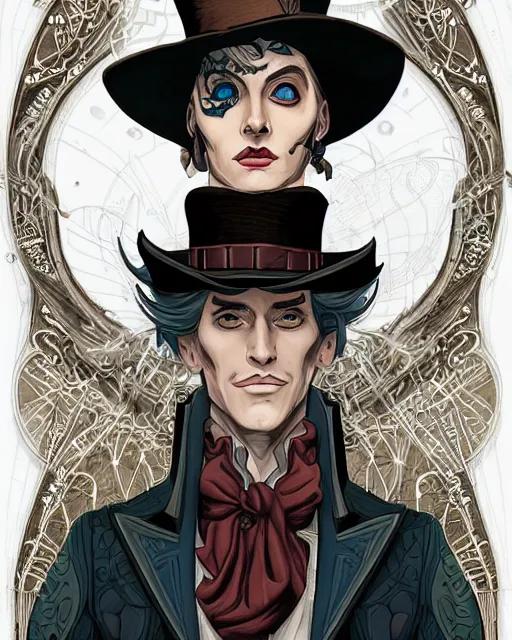 Image similar to a detailed portrait illustration of a steampunk magus. beautiful androgynous face. top hat. art nouveau, pop art, comic book style. influenced by neil gaiman, h. p. lovecraft, dan mumford, brian froud, vadim voitekhovitch, killian eng, ross tran, android jones.