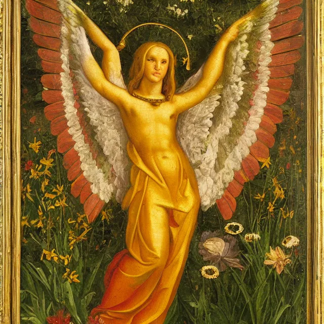 Prompt: archangel made of gold holding a scale in a flower meadow, renaissance oil painting