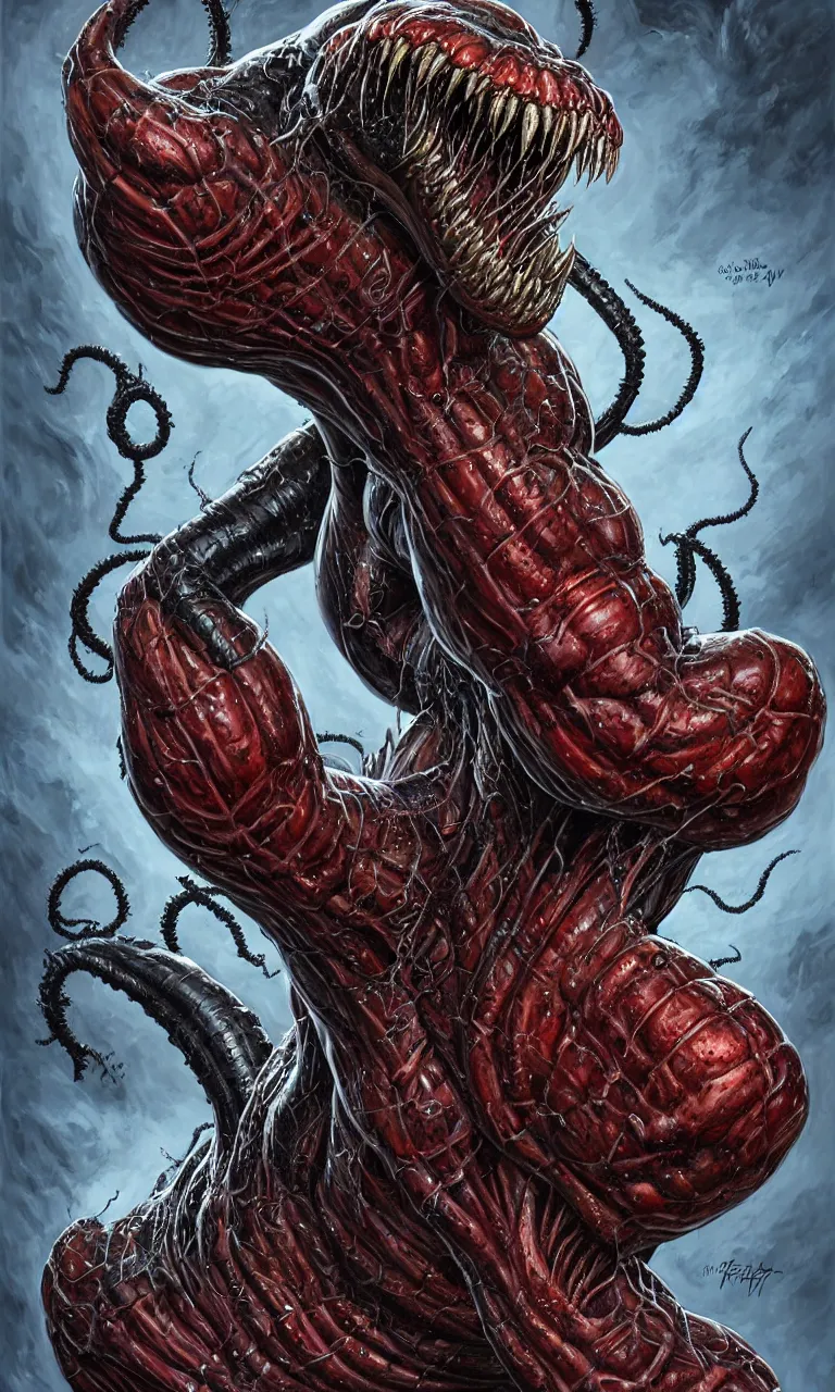 Prompt: hyper realist full body long shot portrait of bodybuilder venom legs from marvel comics!!!!, large mouth with teeth, large tongue, lovecraftian horror!!, fantasy, intricate, elegant, highly detailed, digital painting, artstation, concept art, matte, sharp focus, illustration, art by glenn fabry and giger