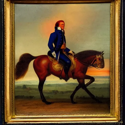 Image similar to a 1 8 th century painting of napoleon riding a horse with sunset in venice