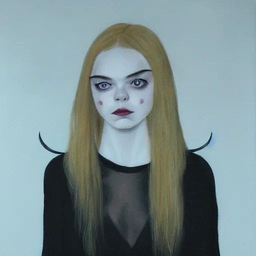 Image similar to a striking esoteric painting of Elle Fanning, dark, metal, black background, occult, by Paulina Peavy
