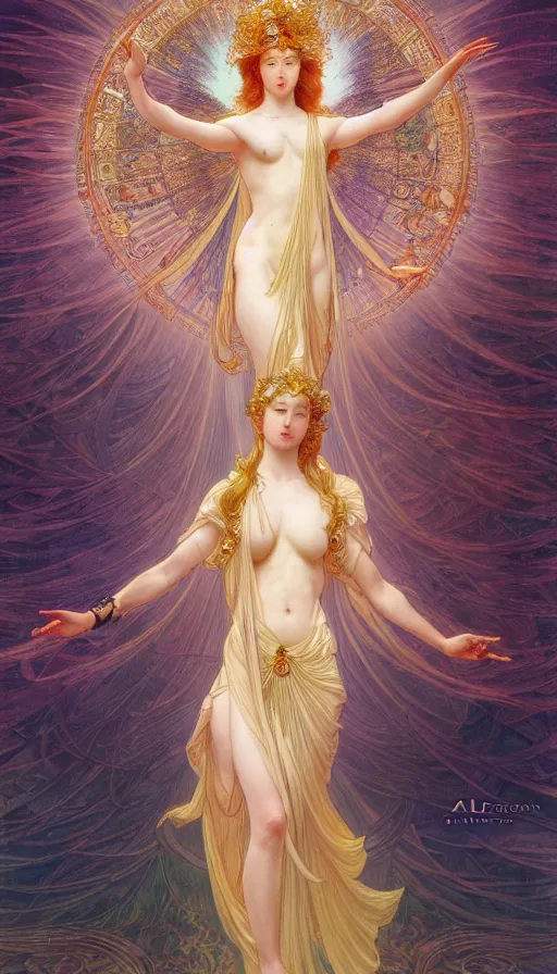 Image similar to goddess angel of tranquility. hyper detailed, character concept, full body, dynamic pose, intricate, lineart, cerpuscular rays, by yoshitaka amano, alfons mucha, 4 k