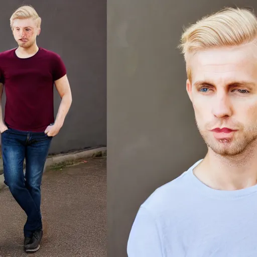 Prompt: full face color photograph of a 30 year old very handsome white man with very short light blond hair and small blue eyes, dressed in a maroon t shirt and black jeans, with very thin lips, with a straight nose and pale skin. He resembles a lion. 4k