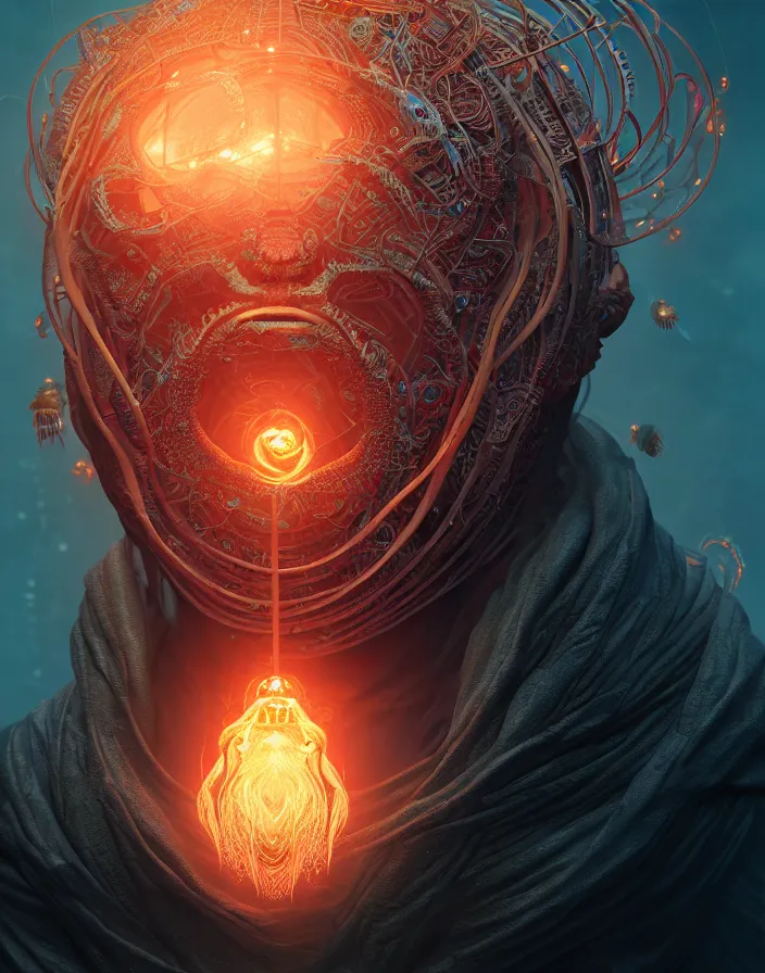 Prompt: Seismic god close-up portrait tribal beautiful slavic russian monk in hooded princess queen, ancient high tech, cyberpunk, dystopian, jellyfish phoenix dragon, butterfly squid, burning halo, intricate artwork by Tooth Wu and wlop and beeple, greg rutkowski, very coherent symmetrical artwork, cinematic, hyper realism, high detail, octane render, unreal engine, 8k, Vibrant colors, Smooth gradients, High contrast, depth of field, aperture f1.2