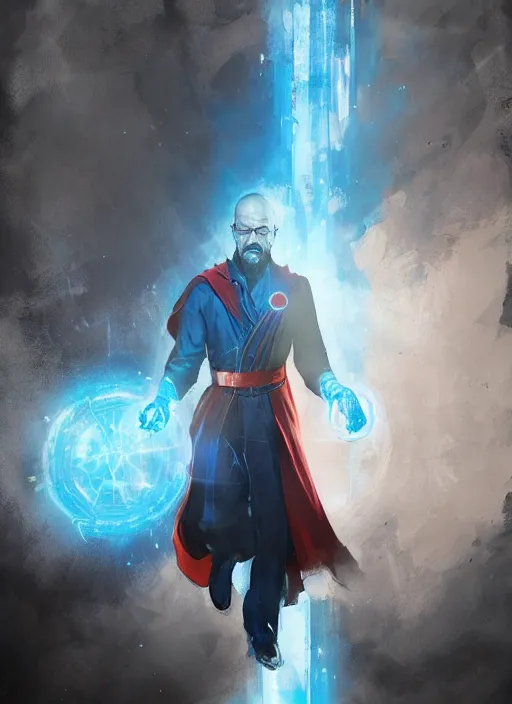 Image similar to walter white as doctor strange, long shadow, light colors, blue magic, ice, blue ice, by greg rutkowski, artstation