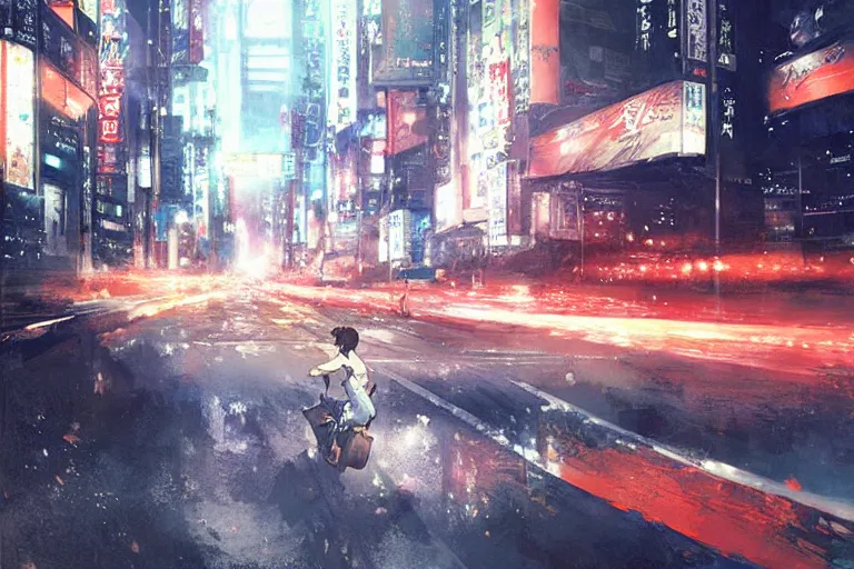 Prompt: akira autozam az - 1 speeding through tokyo at night by greg rutkowski makoto shinkai takashi takeuchi studio ghibli, akihiko yoshida