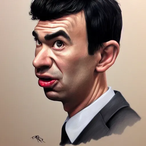 Image similar to hyper realistic portrait of a 3 d caricature of nathan fielder making absurd faces, painted by greg rutokowski, artgerm