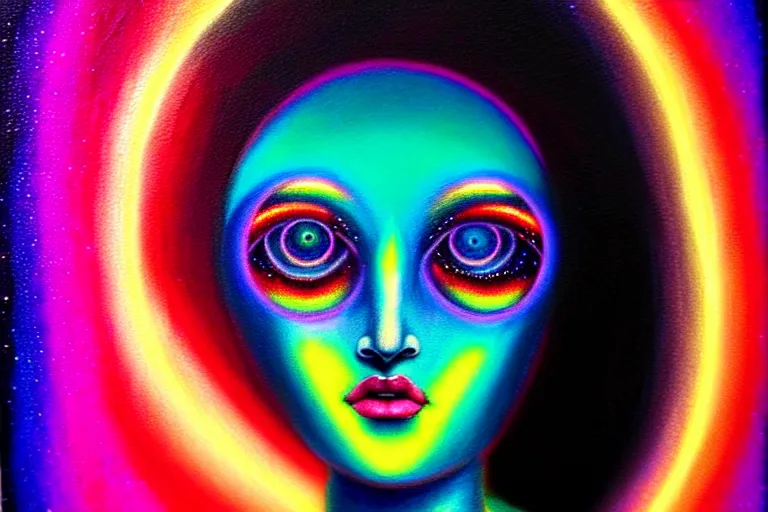 Image similar to patron saint of 🛸🌈👩🏾, futuristic iridescent clothing, wormhole, nebula, black hole, multiverse, neon god of city character portrait, in the style of margaret keane, moebius, tom bagshaw, and waterhouse, cinematic lighting, beautiful, elegant, oil painting,