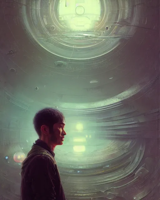 Prompt: male portrait, attractive, sci - fi, palladium spheres, highly detailed, intricate background, by ruan jia, thomas kinkade, simon stalenhag, akihiko yoshida