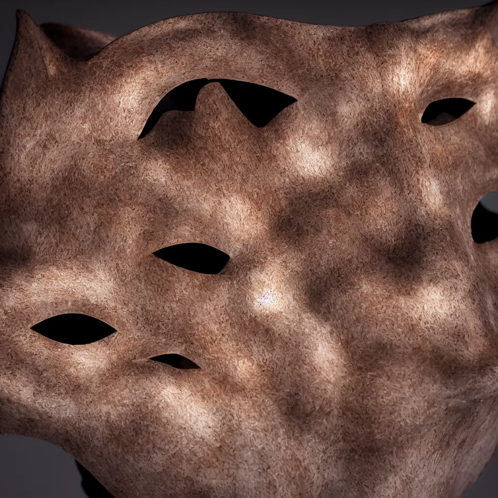 Prompt: photography of kitsune mask from japan, still life, natural lighting, studio, upward side view, iso 1 0 0, shutter speed 1 2 5, aperture 8, award winning