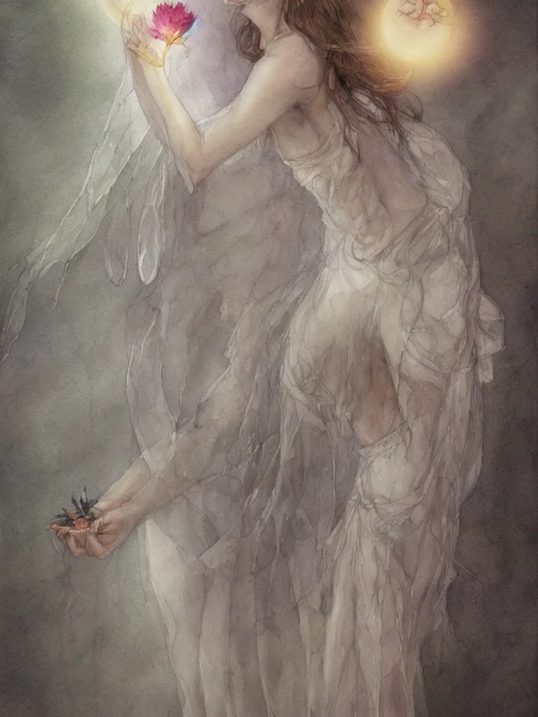 Image similar to study of a flower fairy, holding glowing white orb in hands, illustration, watercolor, alan lee, detailed, pretty, ethereal, realistic, refined, beautiful, artstation,