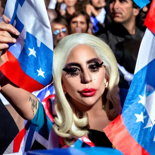 Image similar to Lady Gaga as president, Argentina presidential rally, Argentine flags behind, bokeh, detailed face, Argentina