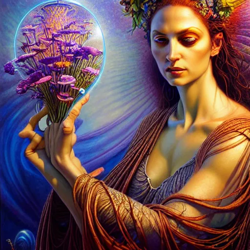 Prompt: A beautiful detailed orixa, tarot card, by tomasz alen kopera and Justin Gerard and a bouquet of ethereal big colorful transparent entangled flowers on the background, direct sunlight, glowing, vivid, detailed painting, Houdini algorhitmic pattern, by Ross Tran, WLOP, artgerm and James Jean, masterpiece, award winning painting