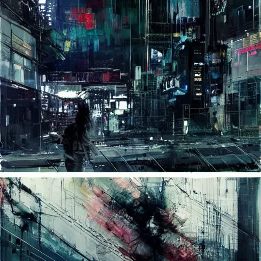 Image similar to a cyberpunk, wires, machines, in a dark future city by jeremy mann, francis bacon and agnes cecile, ink drips, paint smears, digital glitches glitchart c - 1 0