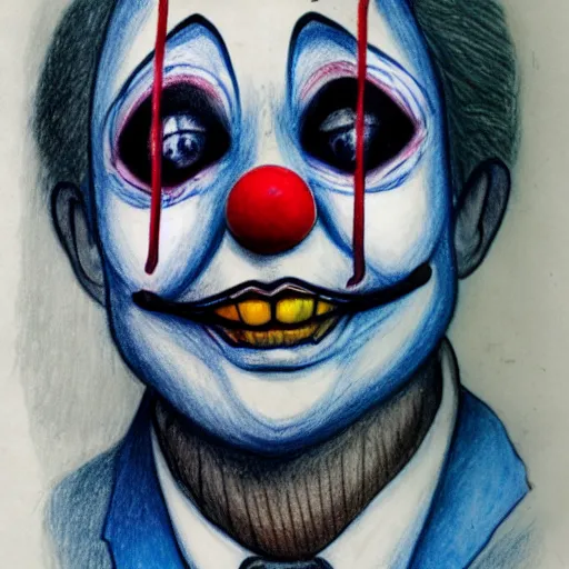 Image similar to a drawing of a clown with a stethoscope and blue shirt, face paint, a character portrait, trending on deviantart, neoplasticism, creepypasta, freakshow, macabre, white background