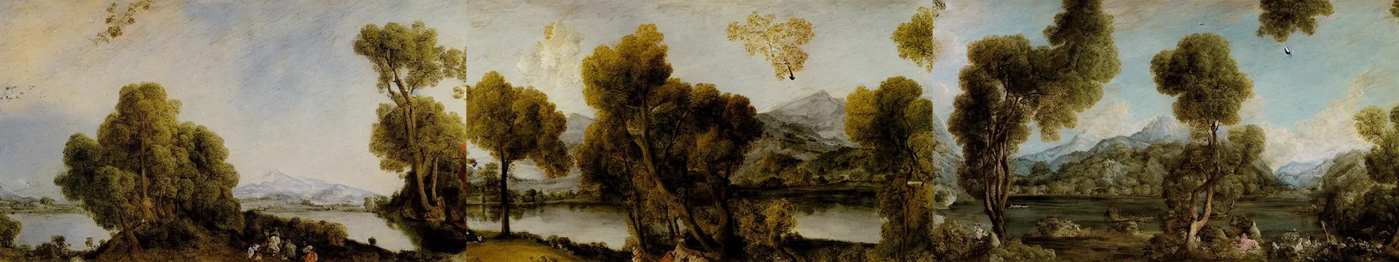 Prompt: lakeside mountains, by antoine watteau