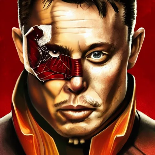 Image similar to elon musk is two face, harvey dent from batman, one face side has dragonskin fantasy sharp focus intricate elegant digital painting