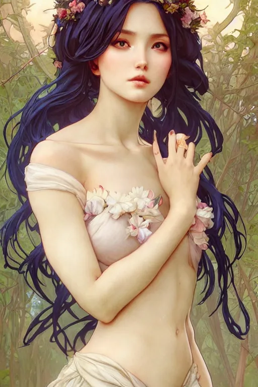 Prompt: a seductive nature goddess with perfect hands and glowing skin in the style of artgerm, wlop, greg rutkowski, alphonse mucha and ayami kojima, realistic details, volumetric lighting, very very very very beautiful symmetrical face, trending on artstation, artstationhd, artstationhq, unreal engine, 4 k, 8 k