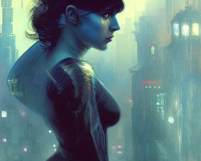 Image similar to 2 0 1 8 blade runner movie still girl look at the cityscape from roof perfect face fine realistic face pretty face reflective polymer suit tight neon puffy jacket blue futuristic sci - fi elegant by denis villeneuve tom anders zorn hans dragan bibin thoma greg rutkowski ismail inceoglu illustrated sand storm alphonse mucha