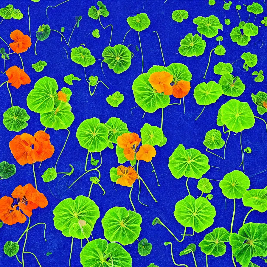 Image similar to surrealist supernatural nasturtium plant, indigo background and cool vibes