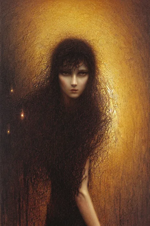 Image similar to portrait of tomboy, black short hairs, in golden dress, fantasy, intricate, jean delville, luis royo, beksinski