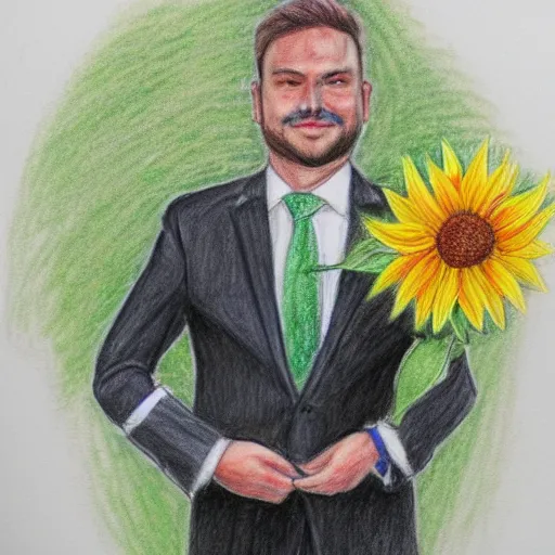 Image similar to full body shot of a man with a sunflower instead of a head wearing a business suit, color pencil sketch