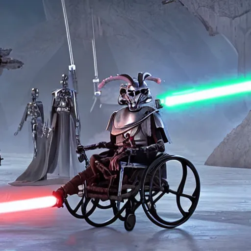 Image similar to General Grievous in a wheelchair with 4 lightsabers, photo from star wars the prequel,